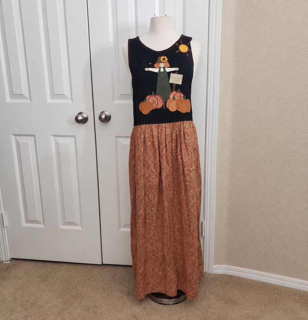 Vintage 90s Maxi Dress Fall Folk Art Applique M Pumpkin Country Grannycore